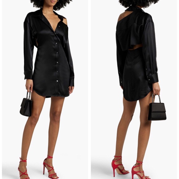 Alexander Wang Silk Satin Keyhole Cutout Shoulder Black Mini Shirtdress size 2